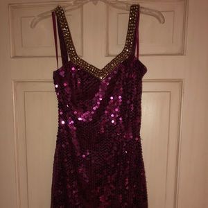Purple and gold sequin cocktail dress